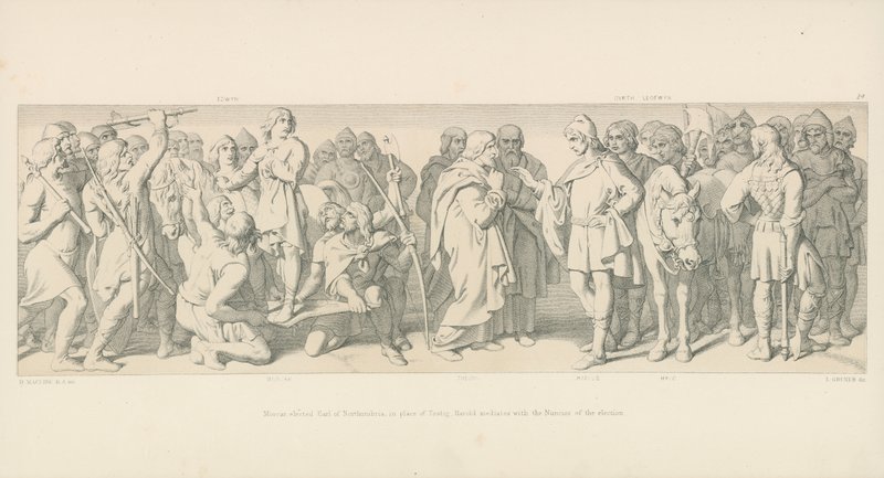 Morcar, eleito conde de Northumbria, no lugar de Tostig, Harold Mediates com os Nuneios da eleição de Daniel Maclise