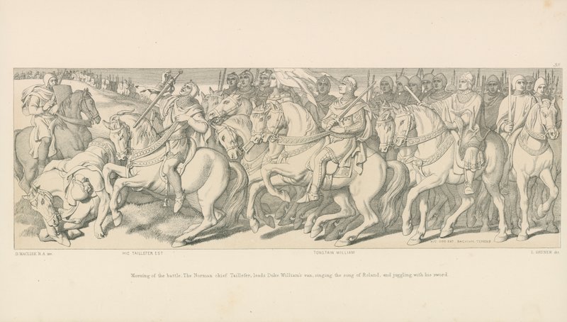 Manhã da batalha. O chefe normando Taillefer, conduz a van do duque William, cantando a canção de Roland e fazendo malabarismos com sua espada de Daniel Maclise