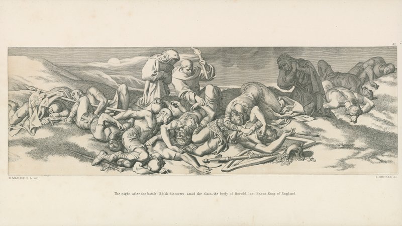 A noite após a batalha; Edith descobre, em meio ao morto, o corpo de Harold, último rei saxão da Inglaterra de Daniel Maclise