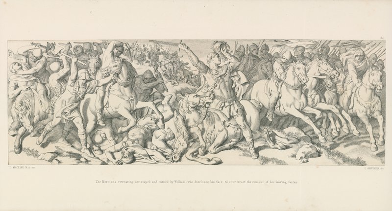 Os normandos, recuando, são detidos e guiados por William, que revela o seu rosto, para contrariar o boato de ter caído. de Daniel Maclise