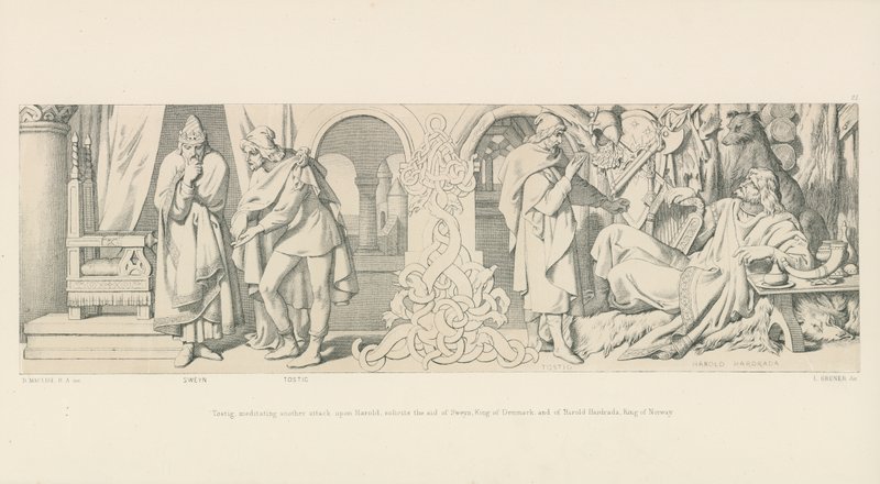 Tostig, meditando outro ataque a Harold, pede ajuda a Sweyn, rei da Dinamarca e a Harold Hardrada, rei da Noruega de Daniel Maclise
