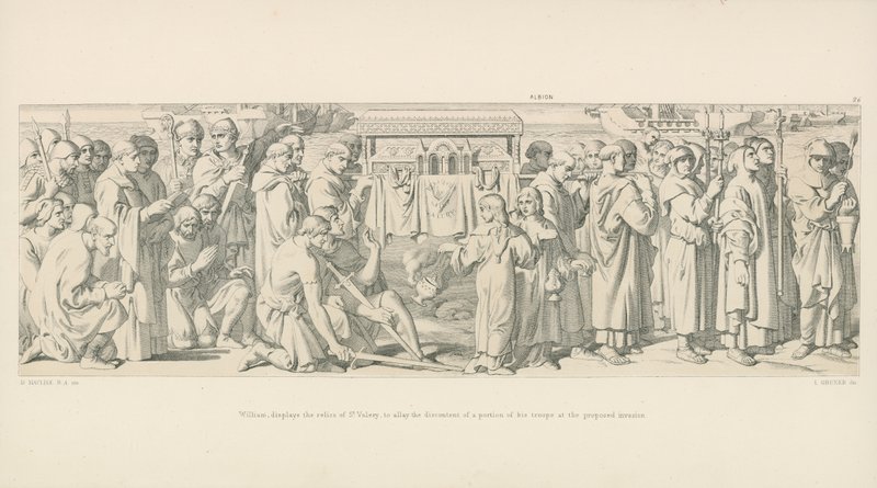 William, exibe as relíquias de St. Valery, para aliviar o descontentamento de uma porção de suas tropas na invasão proposta de Daniel Maclise