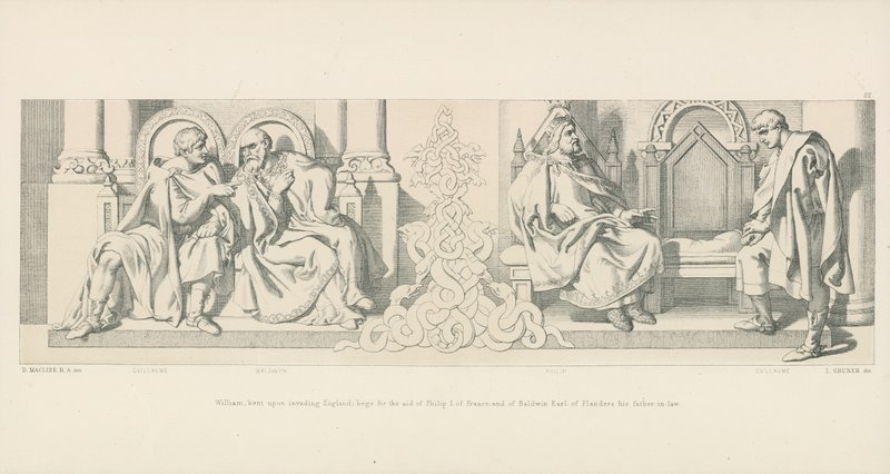 William, empenhado em invadir a Inglaterra; implora a ajuda de Filipe I da França, e de Baldwin Conde de Flandres seu sogro de Daniel Maclise