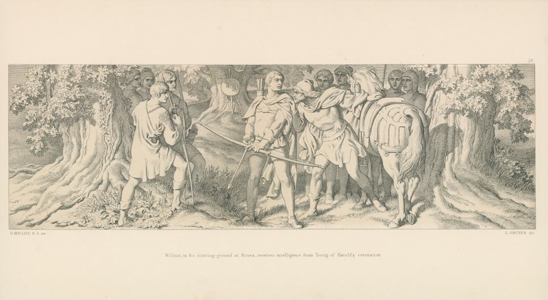 William, em sua área de caça em Rouen, recebe informações de Tostig sobre a coroação de Harold de Daniel Maclise