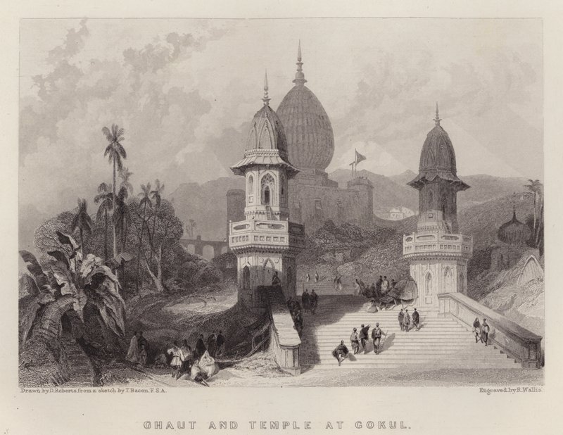 Ghaut e Templo em Gokul (cor litho) de David (after) Roberts