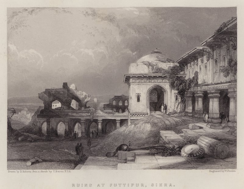 Ruínas em Futtipur, Sikra (cor litho) de David (after) Roberts