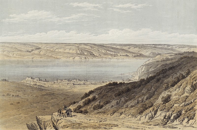 O Mar de Tiberíades olhando para Bashan (cor litho) de David (after) Roberts