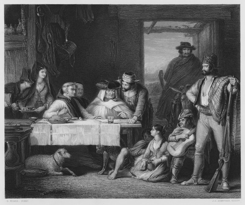 Um Conselho Guerrilheiro de Guerra, em um Posado espanhol, a imagem na Coleção Real (gravura) de David (after) Wilkie