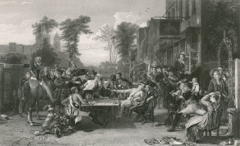 Pensionistas de Chelsea lendo o gazeta da Batalha de Waterloo (gravura) de David (after) Wilkie