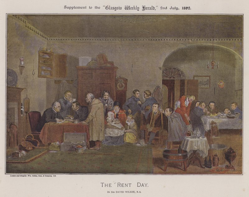 O dia do aluguel (cor litho) de David (after) Wilkie