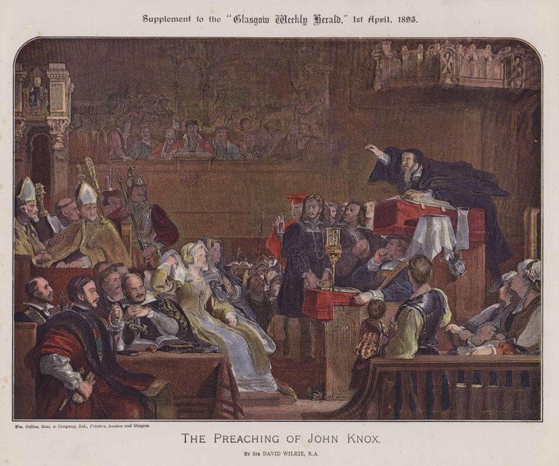 A pregação de John Knox (cor litho) de David (after) Wilkie