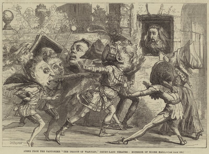 Cena, de, a, pantomima, a, dragão, de, Wantley, Drury-Lane, teatro, exterior, de, corredor moore de David Henry Friston