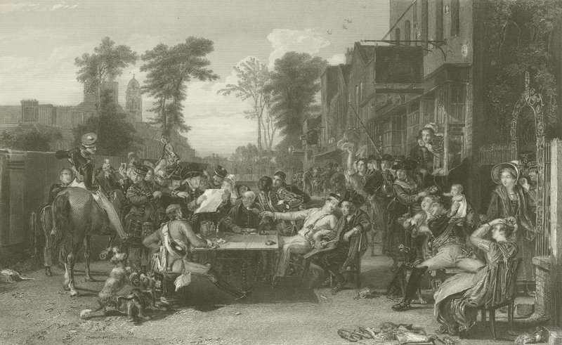Pensionistas de Chelsea que lêem a gazeta da batalha de Waterloo de David Wilkie