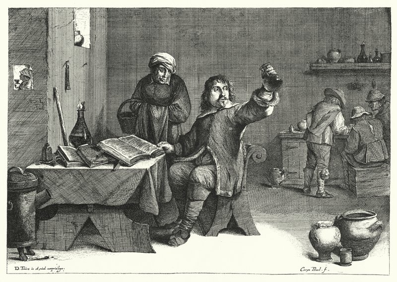 O médico da urina (gravura) de David the Younger (after) Teniers