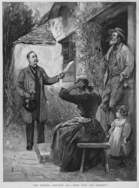 Angariação de votos durante a campanha eleitoral geral britânica de 1892 (litho) de Davidson Knowles