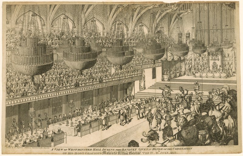 Uma visão do Westminster Hall durante o banquete dado em homenagem à coroação do rei George IV de Denis Dighton