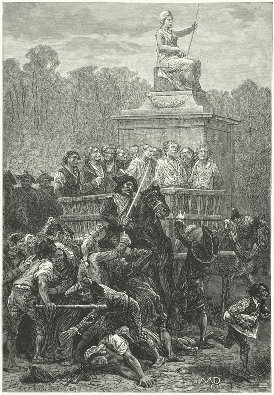 Uma tumbril cheia de prisioneiros a caminho da guiilotina, Revolução Francesa (gravura) de Diogene Ulysse Napoleon Maillart