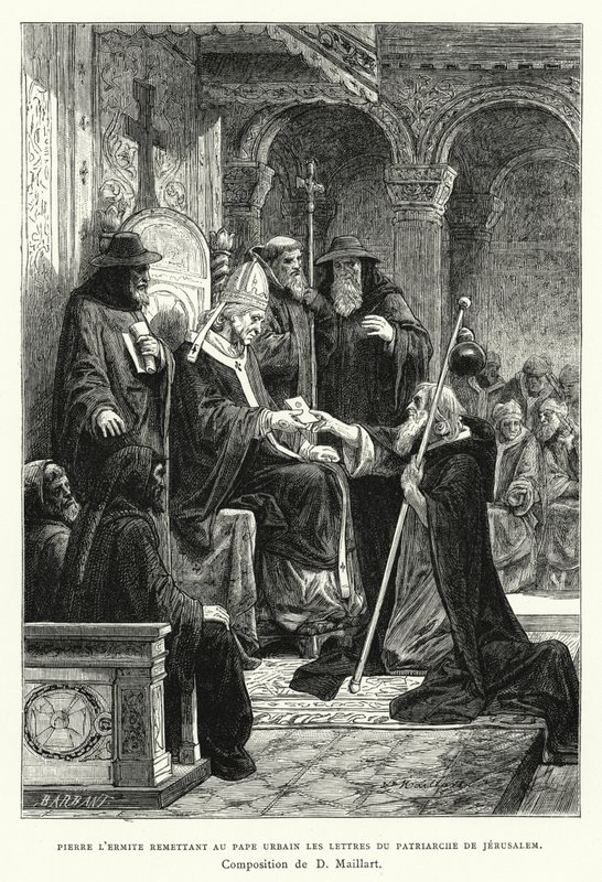 Pedro, o Eremita, entregando ao Papa Urbano as Cartas do Patriarca de Jerusalém (gravura) de Diogene Ulysse Napoleon Maillart