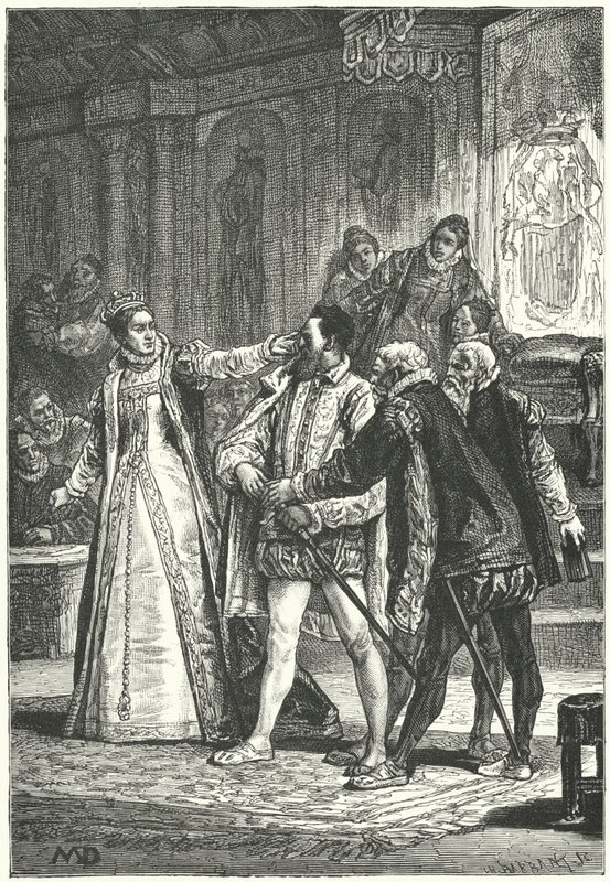 O conde de Essex ameaçou desembainhar a espada depois que a rainha Elizabeth o algemou em torno da orelha por sua insolência. de Diogene Ulysse Napoleon Maillart