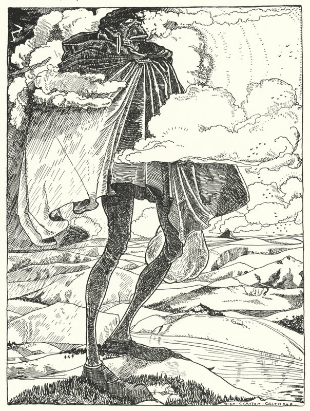 "Vimos o talo gigante sobre a colina, carregando o seu jantar num saco" (gravura) de Dion Clayton Calthrop