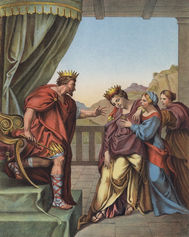 O rei Assuero promete a Ester que concederá tudo o que ela pedir (cor litho) de Domenichino