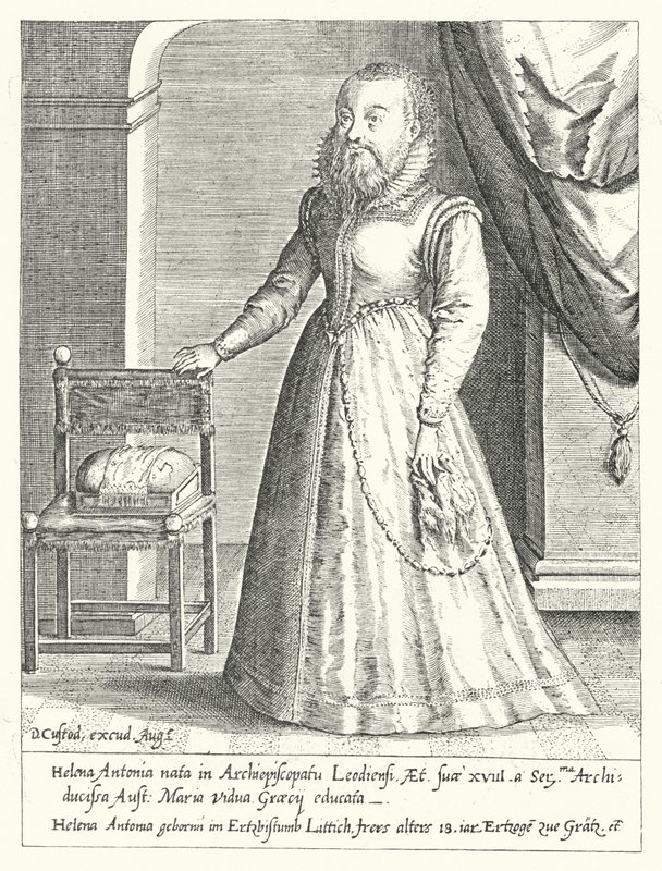 Helena Antonia de Liège, a anã barbuda da corte de Maria da Áustria, Santa Imperatriz Romana (gravura) de Dominicus or Custodis Custos