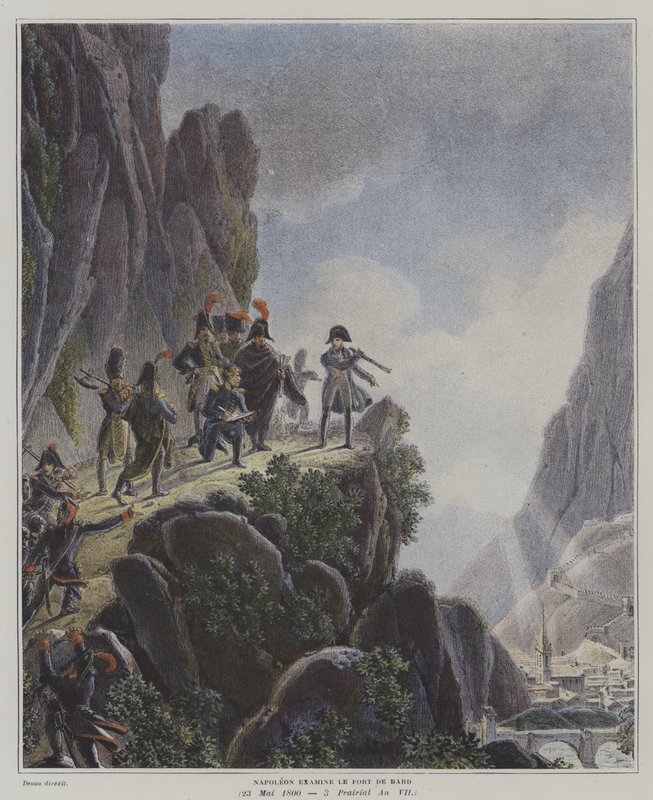 Napoleão examinando Fort Bard, Itália, 23 de Maio de 1800 (cor litho) de Dominique Vivant (after) Denon
