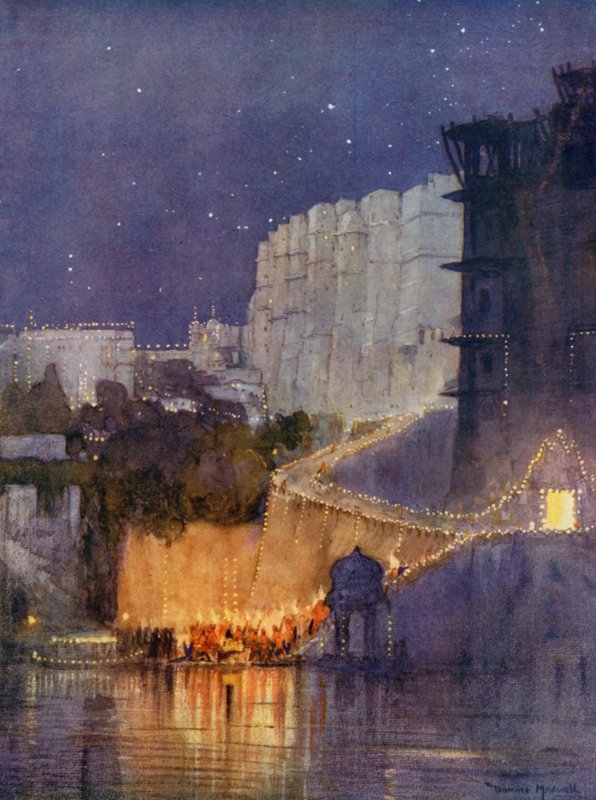 O Príncipe chega ao Palácio do Lago, Udaipur (litografia a cores) de Donald (after) Maxwell