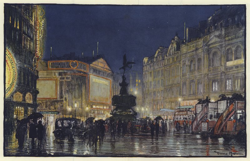 O coração do Império, uma impressão de Piccadilly Circus ao entardecer de Donald Maxwell