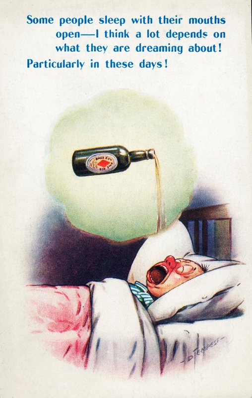 Alcoolismo: homem a dormir com a boca aberta e a sonhar com cerveja (litografia a cores) de Douglas Tempest