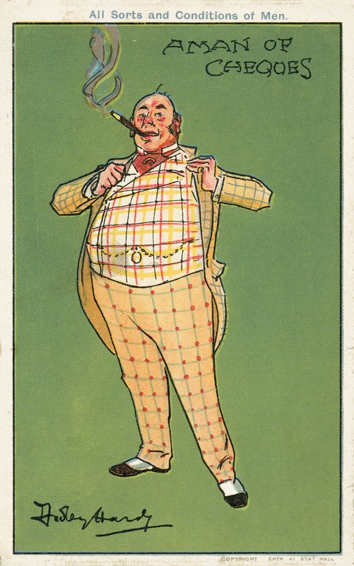 Um homem de cheques: um homem gordo e rico vestindo um fato de xadrez (chromolitho) de Dudley Hardy