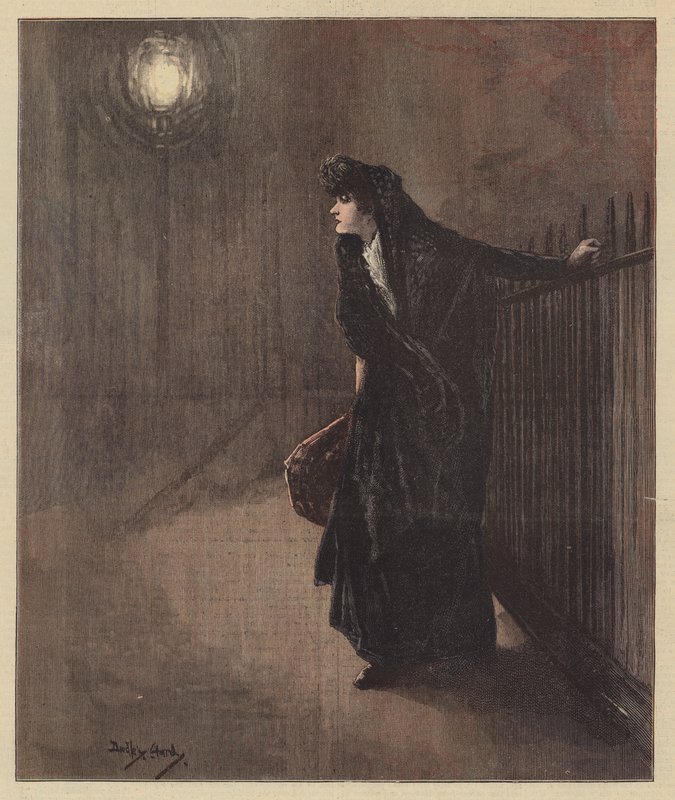 Carrie tremia enquanto se agarrava à grade (cor litho) de Dudley Hardy