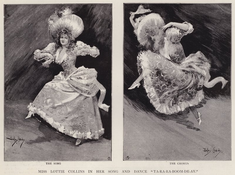A cantora e bailarina inglesa Lottie Collins interpretando sua popular canção Ta-Ra-Ra-Boom-De-Ay (litho) de Dudley Hardy