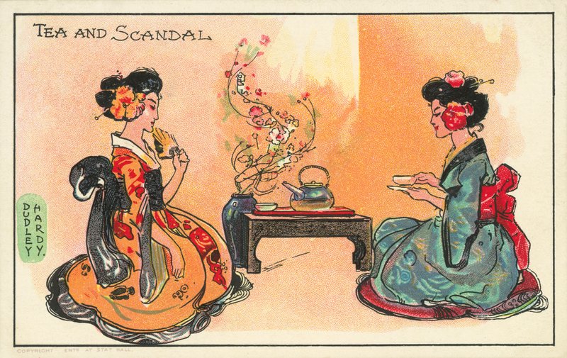 Chá e escândalo: duas mulheres japonesas bebendo chá (cor litho) de Dudley Hardy