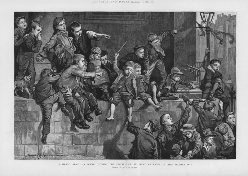 Uma grande banca - uma cena fora da Igreja de St Mary-le-Strand, Londres, no Dia do Senhor Presidente da Câmara (litho) de Dudley Heath