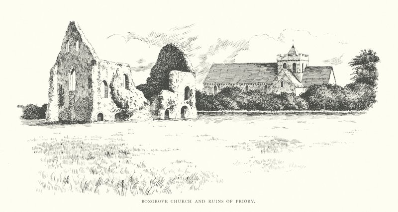 Igreja de Boxgrove e ruínas do priorado (litografia) de Duncan Moul