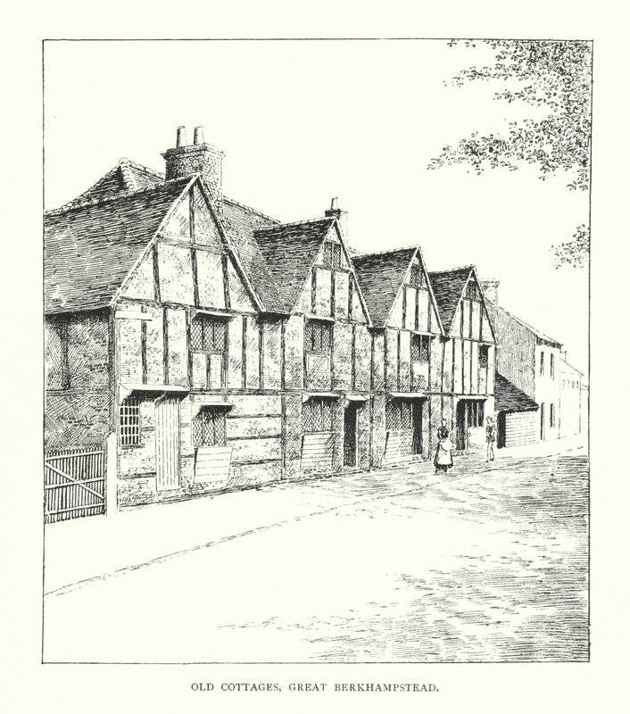 Old Cottages, Great Berkhampstead (litografia) de Duncan Moul