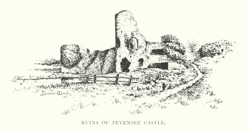 Ruínas do Castelo de Pevensey (litografia) de Duncan Moul