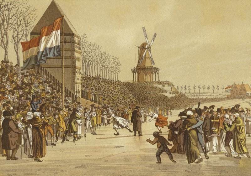 Corridas de patinação no gelo para mulheres, Leeuwarden, Holanda, 1805 de Dutch School