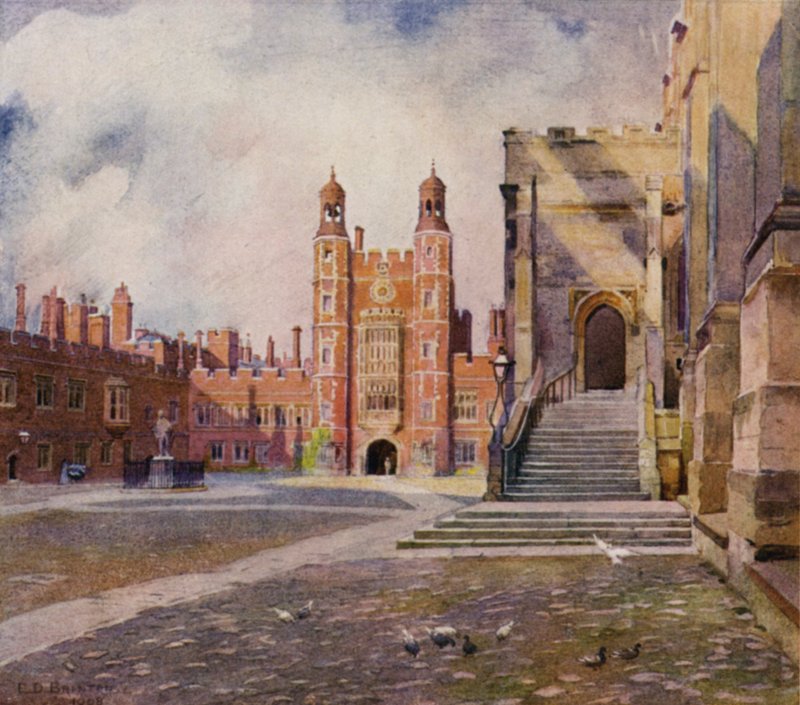 Eton: O pátio da escola, Passos da capela e Torre de Lupton (cor litho) de E. D. Brinton