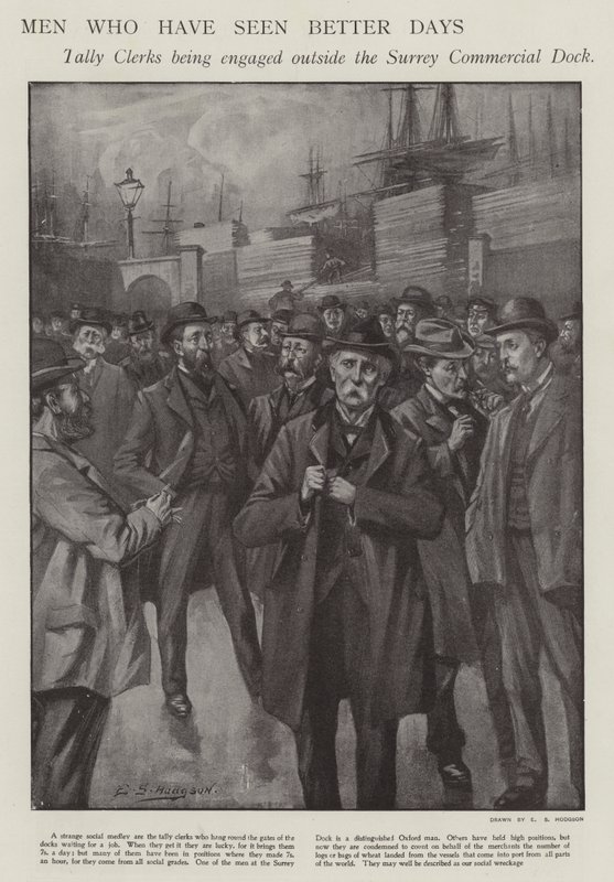 Homens que já viram dias melhores: contabilistas a serem contratados fora da Doca Comercial de Surrey, Londres (litho) de E. S. (after) Hodgson