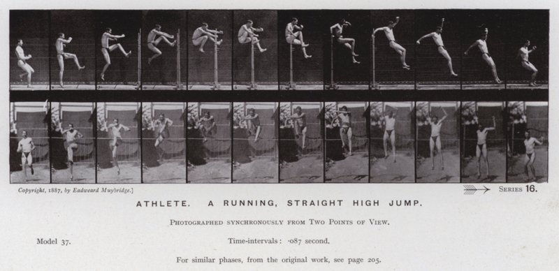 A Figura Humana em Movimento: Atleta, uma corrida, um salto em linha reta em altura (foto a p/b) de Eadweard Muybridge