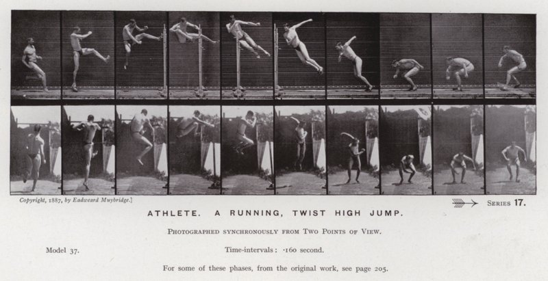 A Figura Humana em Movimento: Atleta, uma corrida, salto em altura (foto a p/b) de Eadweard Muybridge