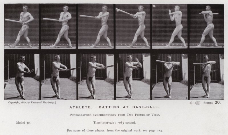 A Figura Humana em Movimento: Atleta, batendo no base-ball (foto a p/b) de Eadweard Muybridge