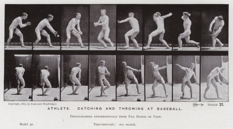A Figura Humana em Movimento: Atleta, apanhando e atirando no beisebol (foto a p/b) de Eadweard Muybridge