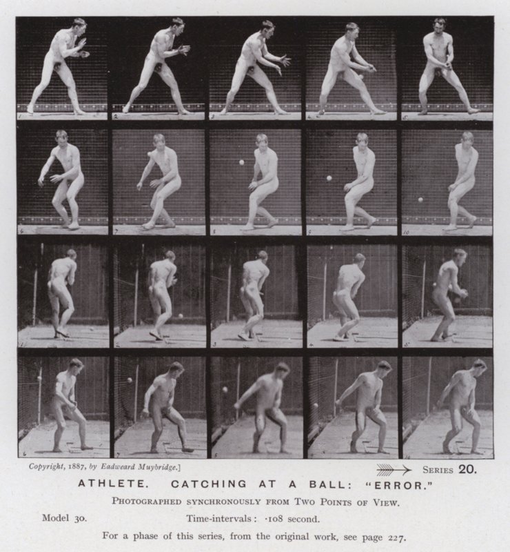 A Figura Humana em Movimento: Atleta, pegando em uma bola, "erro" (foto a p/b) de Eadweard Muybridge