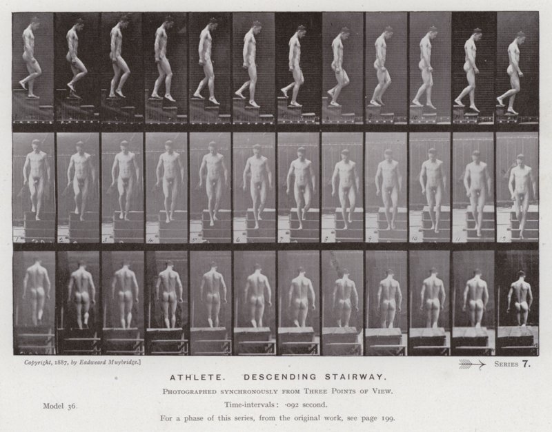A Figura Humana em Movimento: Atleta, descendo uma escadaria (foto a p/b) de Eadweard Muybridge