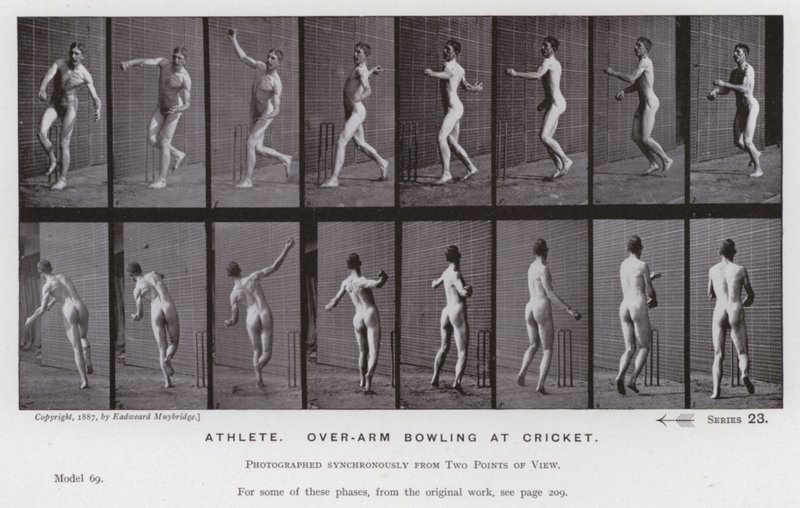 A Figura Humana em Movimento: Atleta, bowling com excesso de braço no cricket (foto a p/b) de Eadweard Muybridge