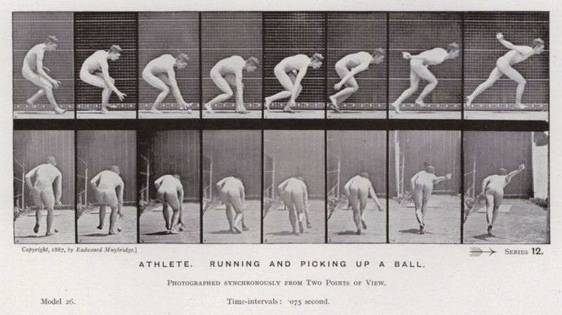 A Figura Humana em Movimento: Atleta, correndo e pegando uma bola (foto a p/b) de Eadweard Muybridge