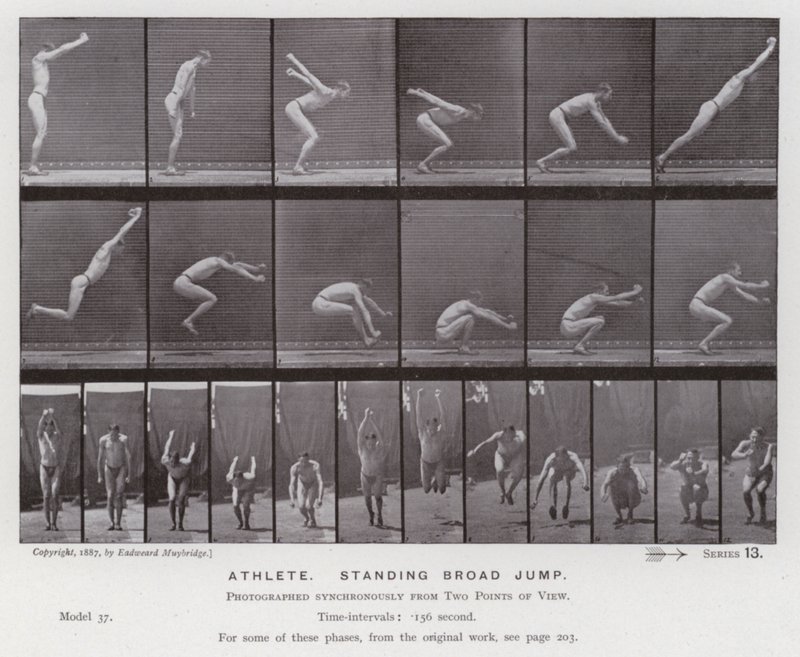 A Figura Humana em Movimento: Atleta, salto largo em pé (foto a p/b) de Eadweard Muybridge